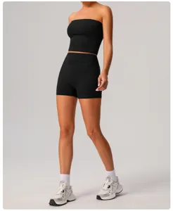 Donne nero senza spalline yoga crop top vita alta pantaloncini sportivi fitness corsa set sportivo