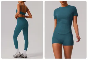 Seamless yoga set fitness activewear workout outfit for women, detailed view of teal sportswear.