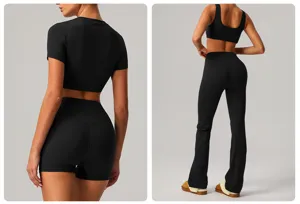 Close-up detail of the stretchy black yoga set featuring seamless high-waisted design.