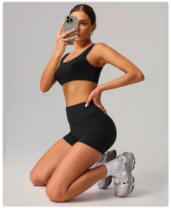 Women athletic yoga set black sports bra high waist fitness shorts gym workout activewear