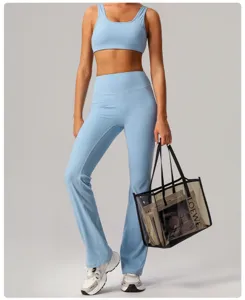 Ensemble soutien-gorge de sport yoga et pantalon evase bleu clair, fitness elastique pour femmes