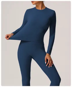Women thermal fleece-lined yoga set long sleeve top high waist leggings activewear detail