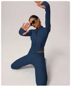 Women dark blue activewear fitness set zip jacket high waist yoga pants for gym workout