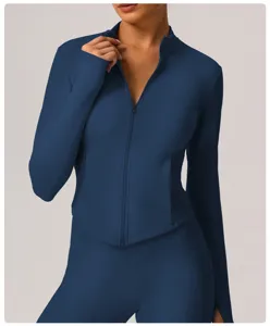 Dark blue women's long sleeve sports zip jacket and leggings set, slim fit yoga gym activewear.