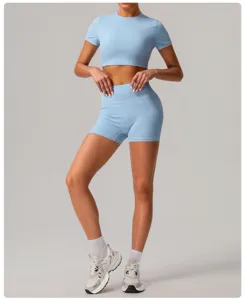 Light blue workout set short sleeve crop top high waist shorts yoga activewear fitness outfit