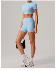 Women light blue activewear set short sleeve crop top high waist athletic yoga shorts