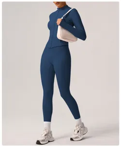 Women's thermal fleece yoga set, long-sleeve zip jacket and high-waist fitness leggings.