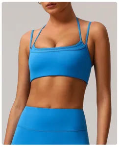 Blauwe halter sportbeha, push-up yoga top, sneldrogende fitnesskleding, naadloos ontwerp.