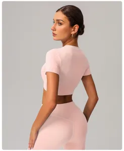 Women's pink short sleeve crop top yoga shirt gym activewear nude feel fitness athletic