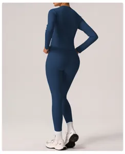 Women solid dark blue long sleeve activewear set, high waist fitness yoga outfit for gym.
