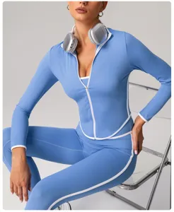 European style contrast color sports yoga jacket and leggings set, slim fit activewear.