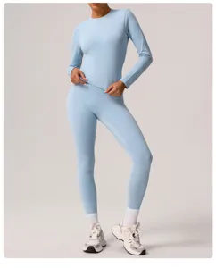 Light blue long sleeve yoga top and high waist leggings set, soft and stretchy fit.