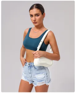 Soutien-gorge de sport court bleu sarcelle col U pour femme, yoga, fitness, course et training.