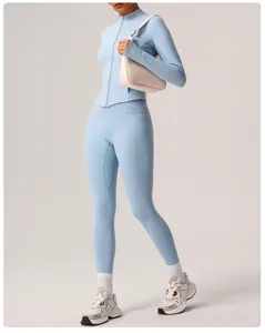 Women light blue fleece-lined yoga set activewear outfit high waist leggings detail view