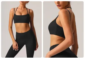 Gedetailleerd overzicht van zwarte halter push-up sport-bh en bijpassende yoga-leggings.