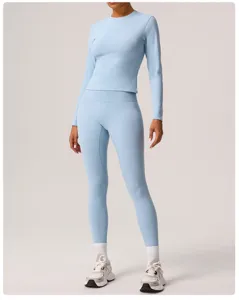 Detail view of women's light blue long sleeve fitness top and high waist yoga leggings set.
