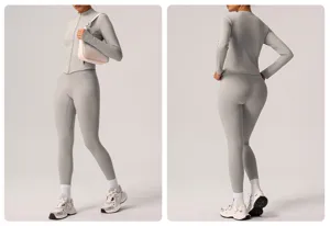 Detail view of women's fleece yoga set, featuring slim-fit zip jacket and high-waist leggings.