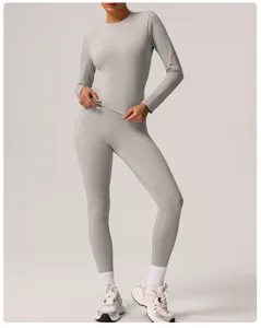 Women thermal fleece lined yoga set long sleeve top high waist fitness leggings detail view