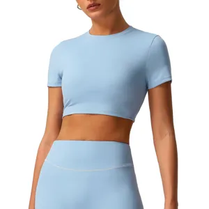 Women's Quick Drying Tight Yoga Short Sleeve Top Athletic Fitness Gym Crew Neck Cropped Solid Color Activewear
