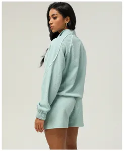 Women Textured Long Sleeve Zip Jacket Shorts Athletic Set Mint Green Casual Two Piece Outfit