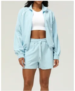 Light blue textured tracksuit women zip jacket and shorts activewear set casual two pieces
