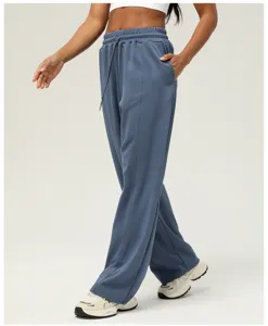 Detail view of women's high-waist drawstring wide-leg casual sports yoga pants.