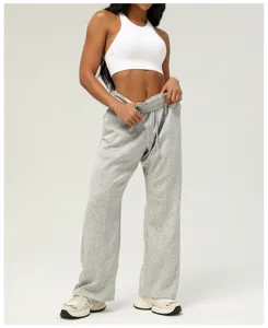 Women gray high waist drawstring wide leg sweatpants casual sports pants detail view.