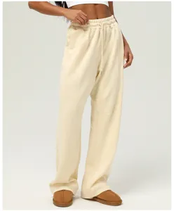 High waist drawstring wide leg sweatpants casual trousers for women beige activewear