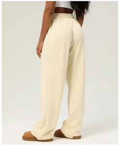 Beige high waist drawstring wide leg sweatpants casual loose trousers for women detail view