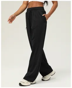 Women high waist wide leg casual sweatpants solid black drawstring loose fitness trousers