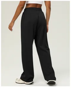 High waist black wide leg sweatpants for women, casual draped drawstring trousers, comfy fit.