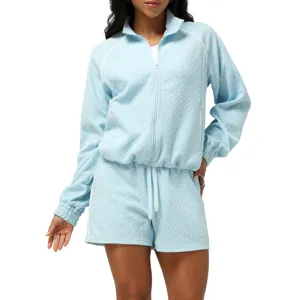 Women Casual Textured Tracksuit Long Sleeve Zip Jacket And Shorts Set Athletic Yoga Two Piece Outfit