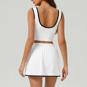 Women Athletic Sports Tennis Skirt Set V-Neck Sleeveless Tank Top And Pleated Skirt Activewear Workout Fitness Outfit