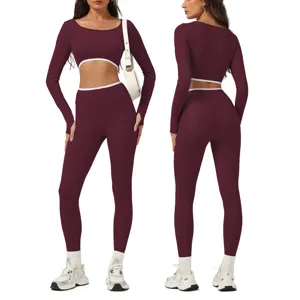 Women Long Sleeve Crop Top High Waist Butt Lifting Yoga Leggings Set Activewear Fitness Gym Workout Athletic Clothing