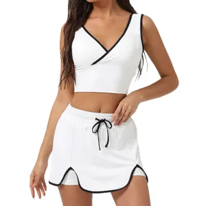 Women athletic activewear set white sports tank top and tennis skirt outfit for workout running fitness