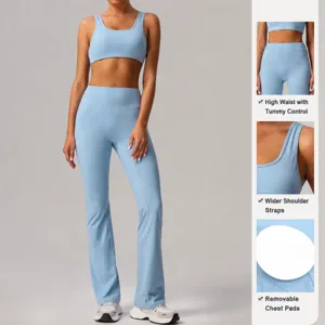 Women ribbed yoga set high waist flare pants sports bra fitness workout activewear set