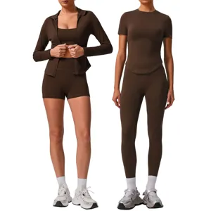 Women Solid Color Nude Feel Yoga Set Athletic Crop Top And Shorts Fitness Gym Activewear Sports Tracksuit