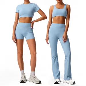 Two-piece yoga activewear set featuring crop top, sports bra, shorts, and flare pants for fitness.