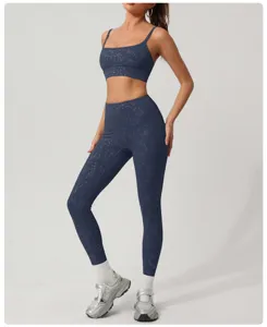 Women athletic yoga set dark blue foil print sports bra high waist leggings gym workout activewear