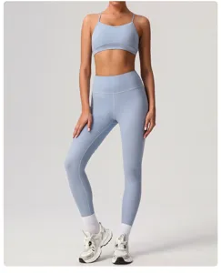 Ensemble soutien-gorge de sport et pantalon de yoga taille haute bleu clair, fitness.