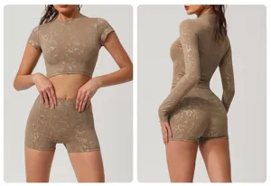 Silver foil printed yoga set for women, short or long sleeve top and athletic shorts for gym.