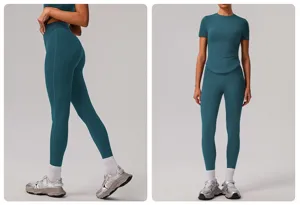 Ensemble de fitness pour femme turquoise, pantalon de yoga taille haute et haut court.