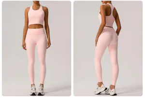 Ensemble haut de sport et leggings rose, détail de bordure blanche contrastée fitness