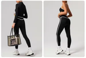 Detailed view of high-waist seamless yoga set with contrast color piping for gym fitness.