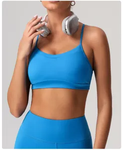 Vue détaillée d'un soutien-gorge de sport bleu, tissu à séchage rapide, fitness et yoga.