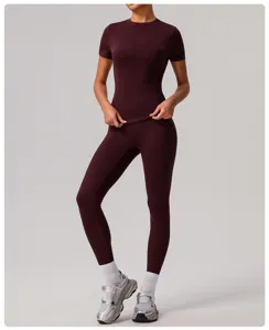 Women seamless yoga workout set short sleeve crew neck fitness top tight activewear apparel