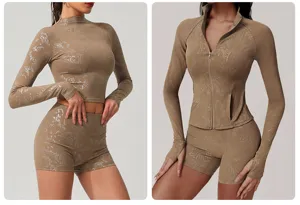 Detailed view of the khaki foil printed long sleeve activewear set, showing texture and design.