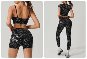 Detail view of women hot stamping silver yoga fitness set, black foil print sportswear.