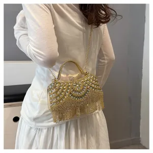 Elegant gold rhinestone tassel evening bag for women featuring a metal handle and chain strap