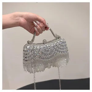 Close-up of elegant silver rhinestone evening bag with sparkling fringe tassels and chain.